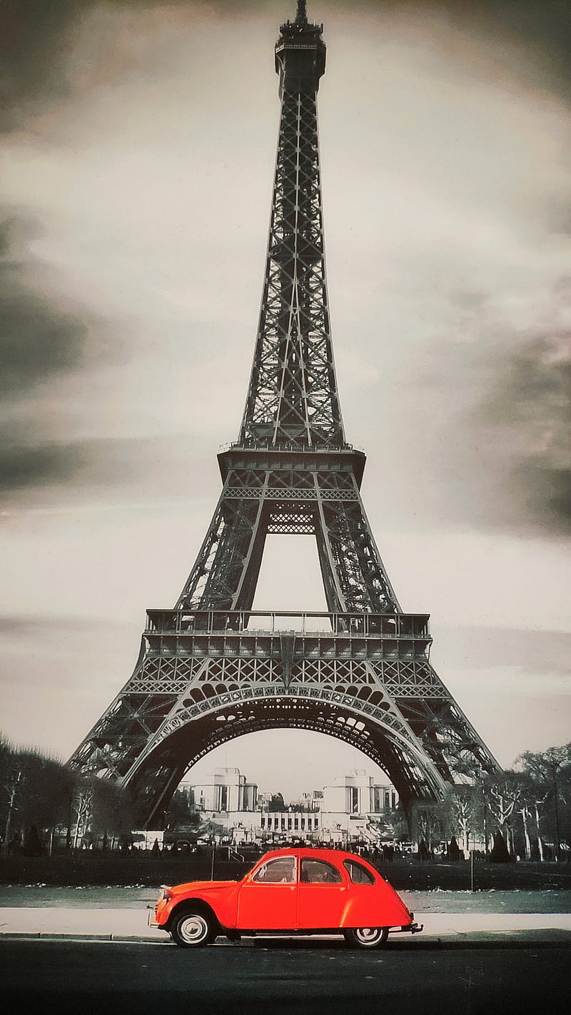 Paris Eiffel Tower, black and red, eiffel, paris, red car, tour, tower, HD phone wallpaper
