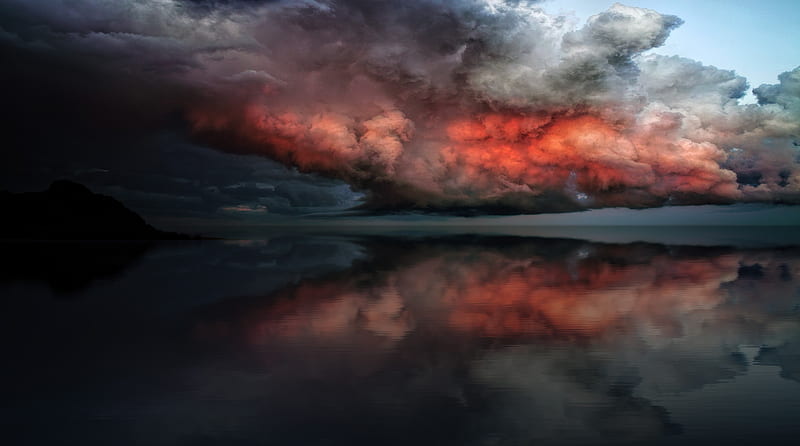 Storm Red Clouds Touching Ocean, clouds, storm, nature, ocean, HD wallpaper