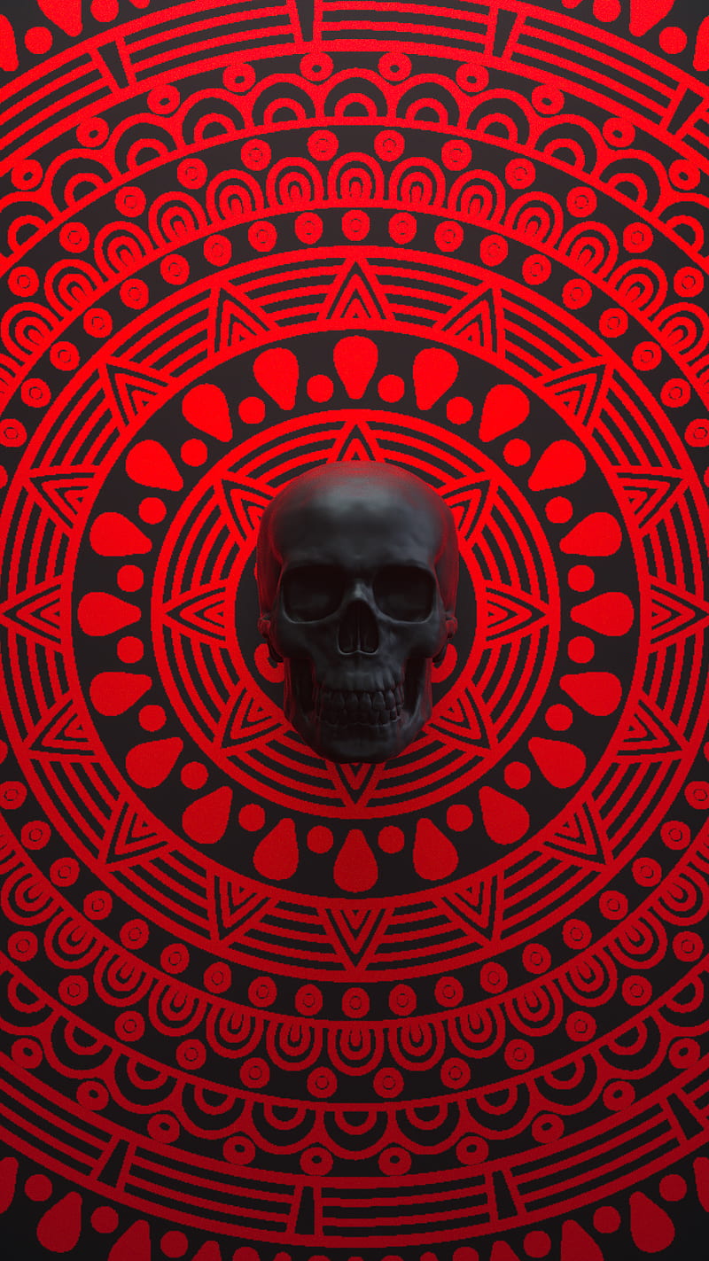 mandala skull, abstract, art, black, digital art, mandala, red, skull, HD phone wallpaper