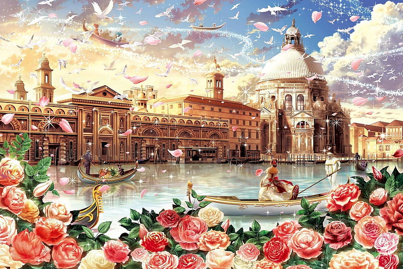 Venetian romance, venice, art, frumusete, canal, romance, luminos, water, boat, fantasy, girl, flower, pink, HD wallpaper