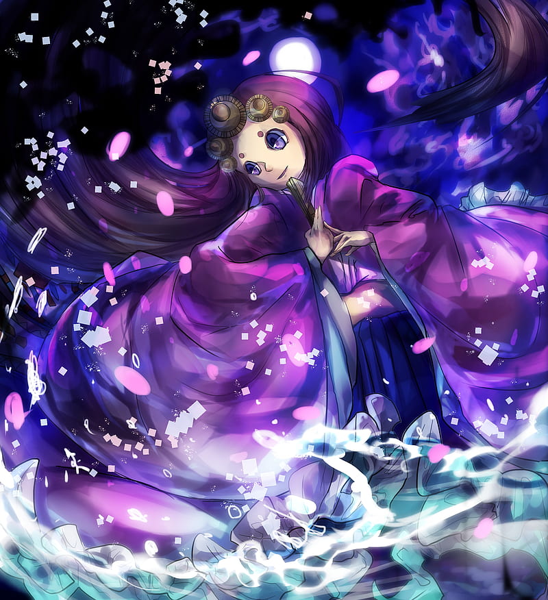 girl, kimono, fan, anime, purple, HD phone wallpaper