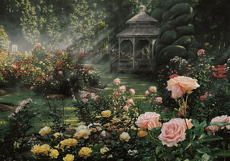 the garden gazebo, romantic, path, garden, roses, trees, gazebo, couple, HD wallpaper