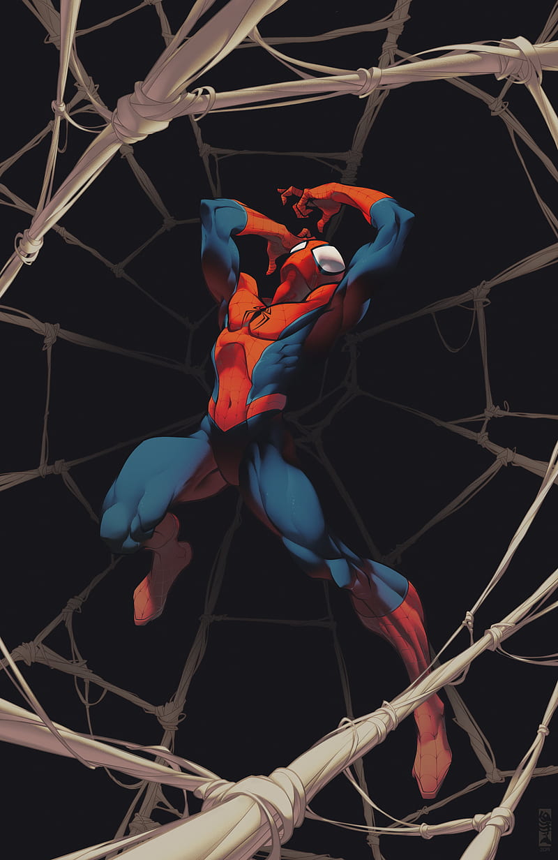 Spider-man, man, suit, web, shadow, fly, classic, red, blue, HD phone wallpaper
