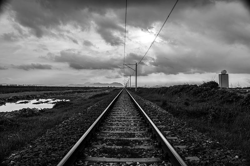 Railway, alone, white, black, rail, black, train, trenyolu, white, HD wallpaper