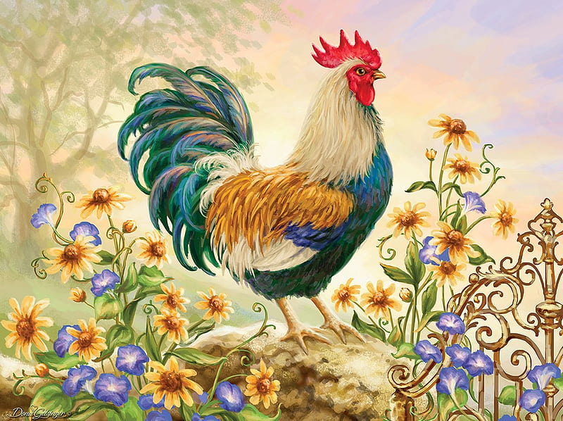 Morning Glory, art, blossoms, flowers, rooster, painting, HD wallpaper