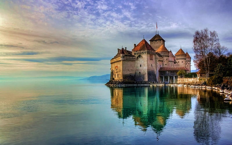 Chillon Castle, Lake Geneva, island castle, bonito, Switzerland, reflections, clouds, medieval fortress, lake, tranquility, HD wallpaper