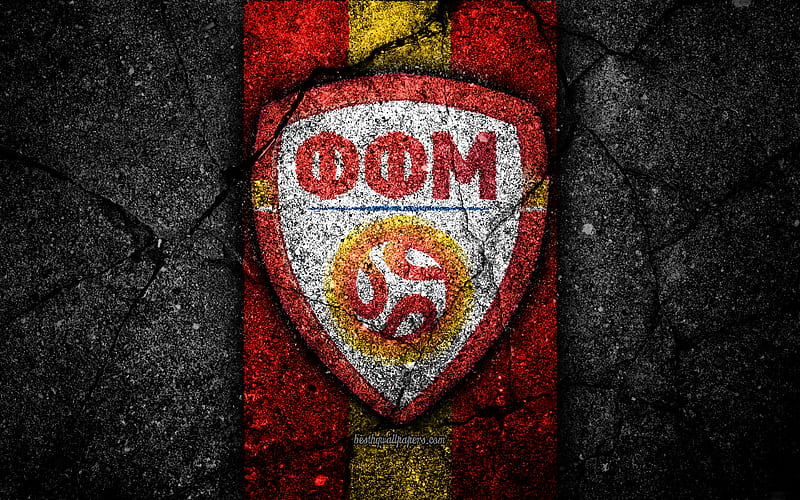Macedonian football team emblem, UEFA, Europe, football, asphalt texture, soccer, Macedonia, European national football teams, Macedonia national football team, HD wallpaper