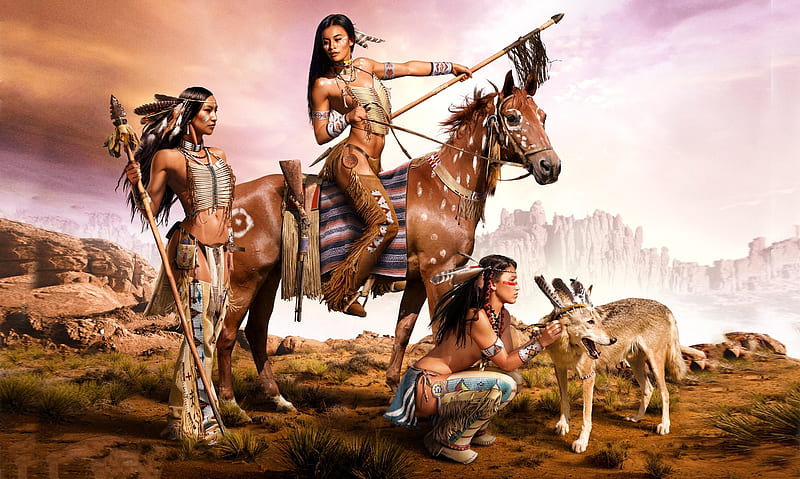 Native Women, Native, Horses, woman, fantasy art, Wolf, HD wallpaper