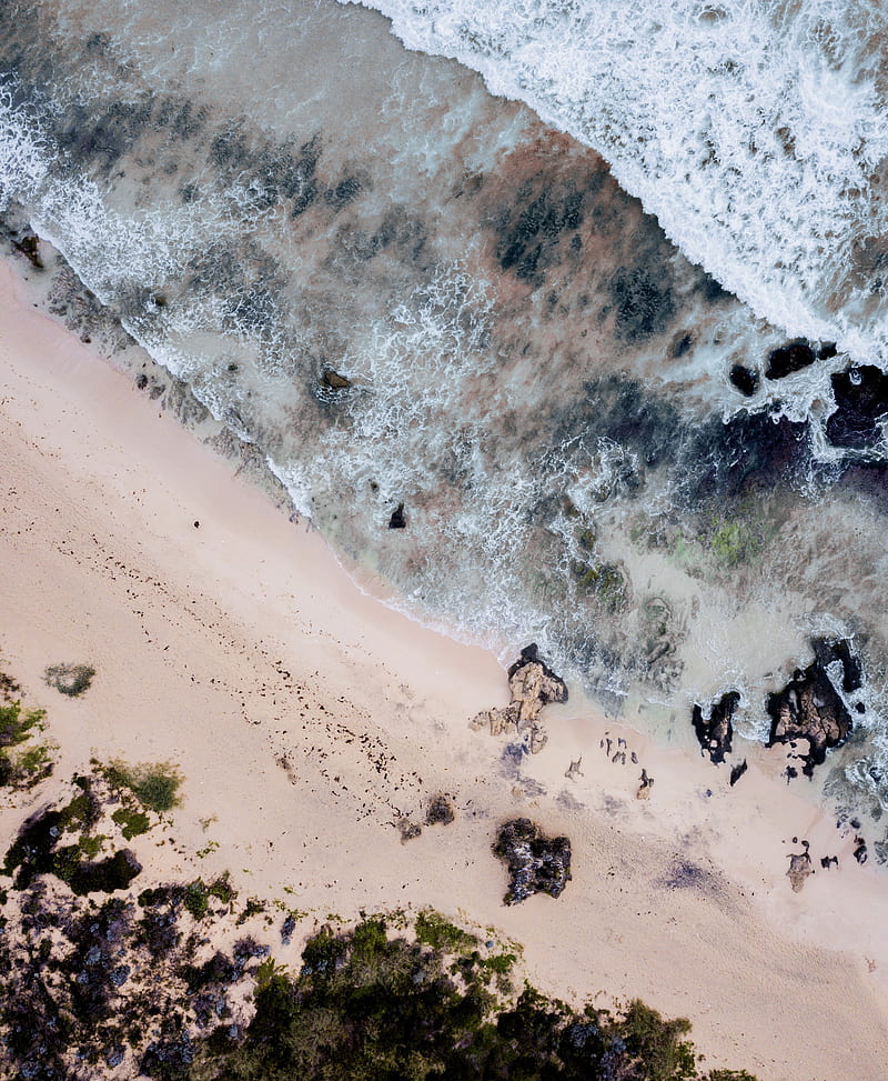Sea Beach Aerial View Waves Sand Hd Phone Wallpaper Peakpx