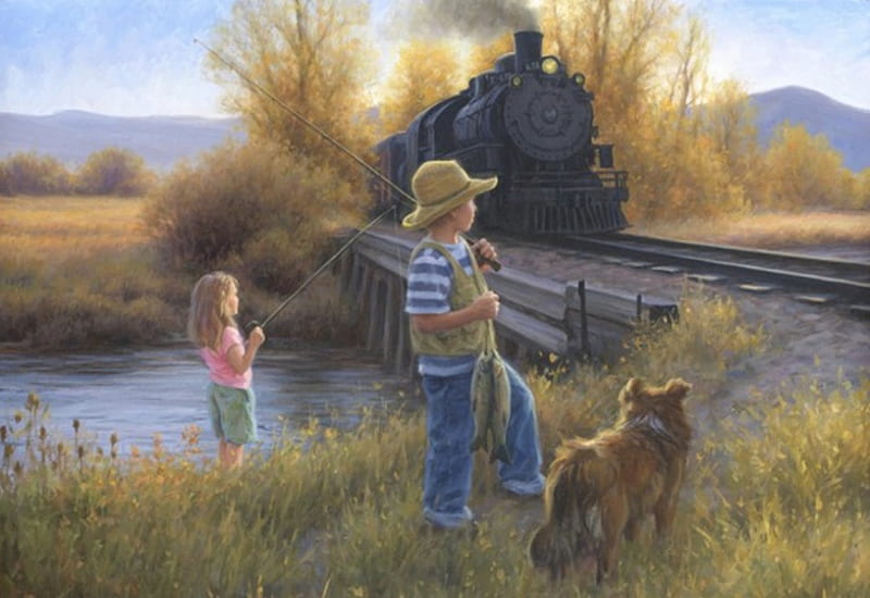 fishing by the tracks, grass, fish, traintrack, pond, boy, train, girl, day, childhood, dog, HD wallpaper