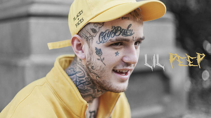 lil peep is wearing yellow dress and cap having tattoos on face and neck in blur background music, HD wallpaper