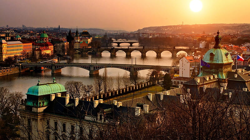 rivers, prague, cityscapes, town, bridge, old, flag, flags, river, city, czech republic, history, HD wallpaper