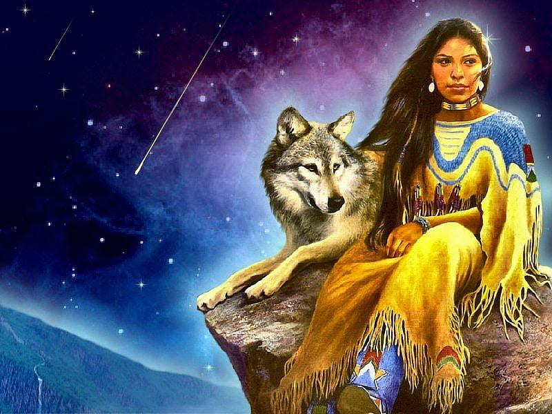 Native American, wolf, girl, stars, predator, painting, night, HD wallpaper