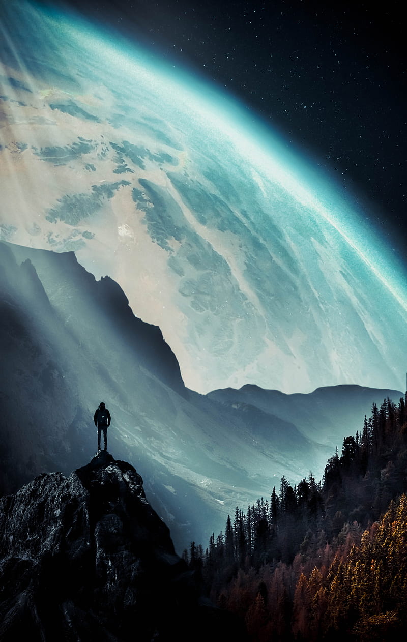 mountains, man, alone, illusion, HD phone wallpaper