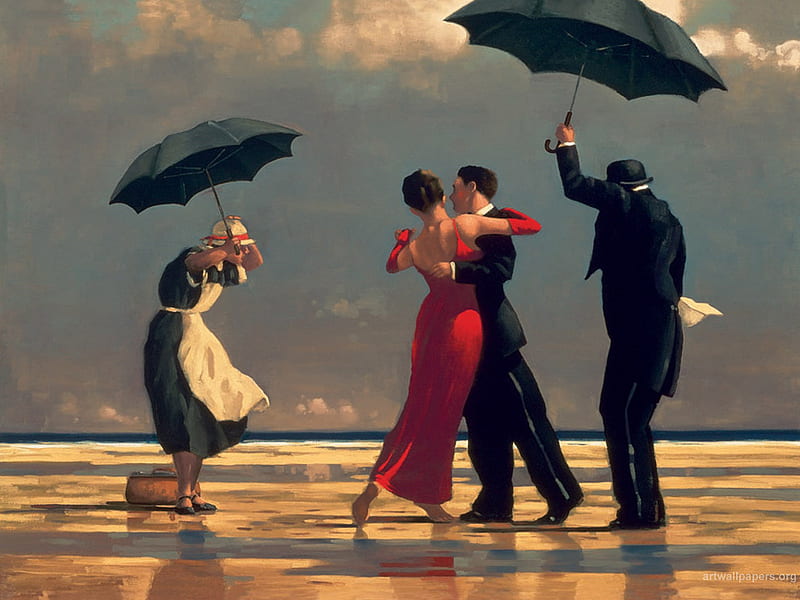 Vettriano, umbrella, formal, dancing, windy, HD wallpaper