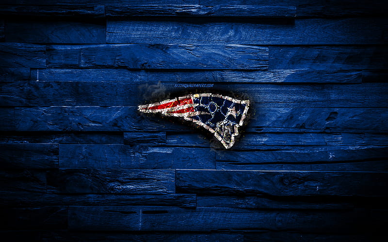 New England Patriots scorched logo, NFL, blue wooden background, american baseball team, American Football Conference, grunge, baseball, New England Patriots logo, fire texture, USA, AFC, HD wallpaper