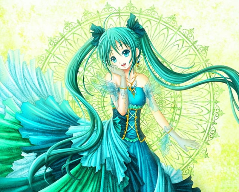 Songstress of Wind, pretty, dress, divine, hatsune miku, sublime, elegant, sweet, nice, green, anime, hot, anime girl, vocaloids, long hair, gorgeous, vocaloid, female, lovely, gown, miku, twintails, sexy, cute, hatsune, girl, lady, maiden, HD wallpaper