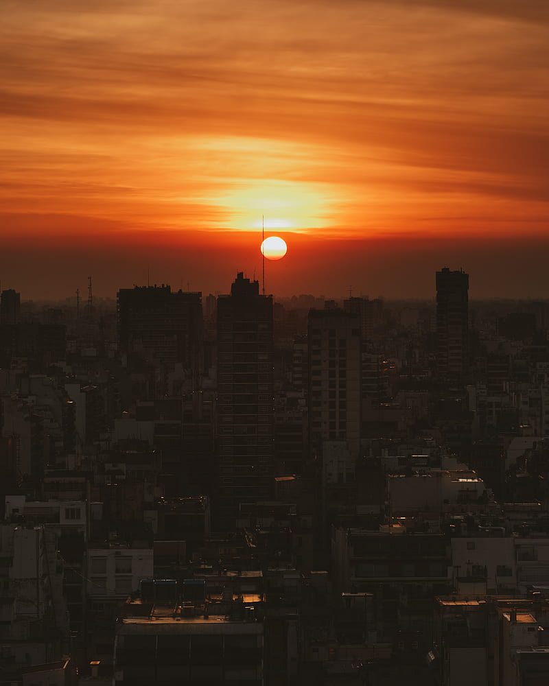 city, sunset, evening, buildings, HD phone wallpaper