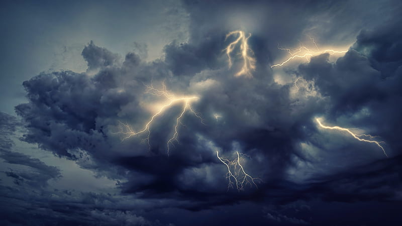lightning, sky, clouds, storm, HD wallpaper