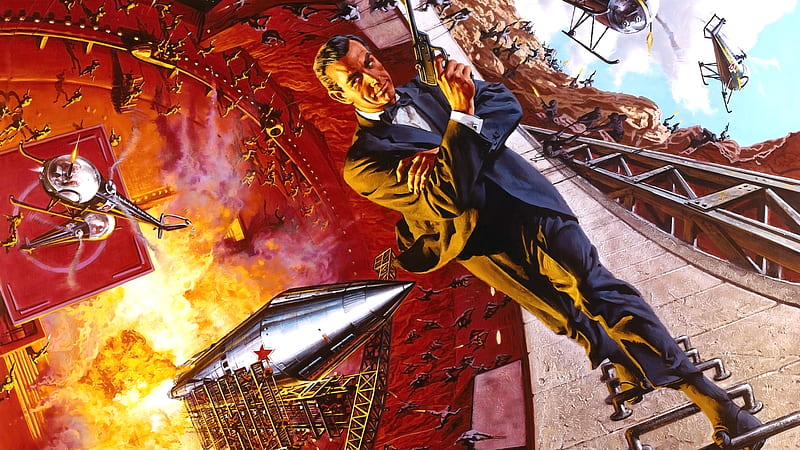 From Russia With Love, art, tux, explosion, sean, fire, gun, russia, bond, with, connery, tuxedo, love, drawing, painting, james, from, HD wallpaper