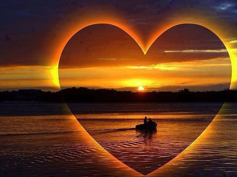 love, sundown, water, boat, heart, HD wallpaper