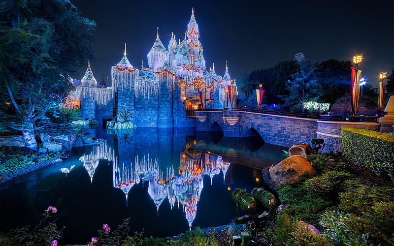 Disneyland, Sleeping Beauty Castle, Anaheim, USA, fairytale castle, Fantasyland, night, California, HD wallpaper