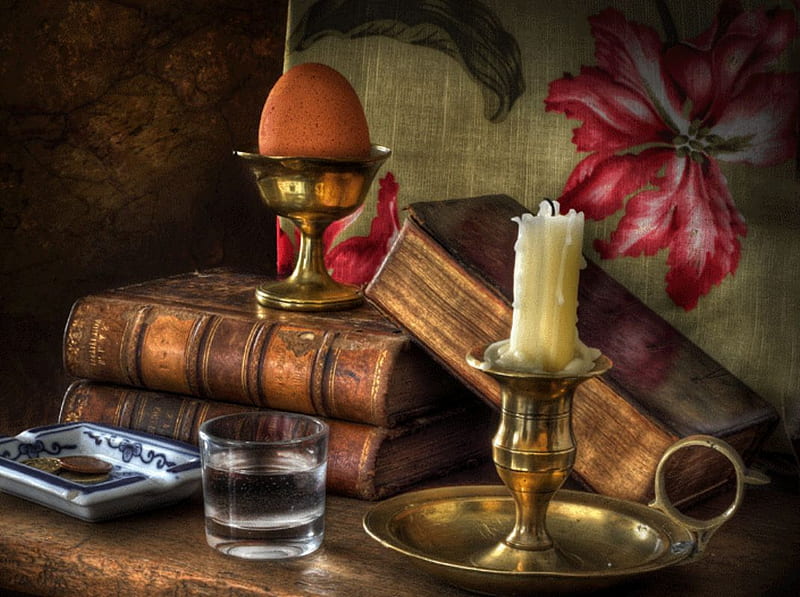 still life, candle, glass, egg, books, flower, HD wallpaper