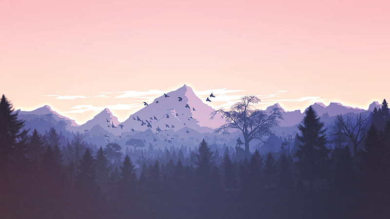 Minimalism Birds Mountains Trees Forest, minimalism, mountains, trees, forest, birds, HD wallpaper