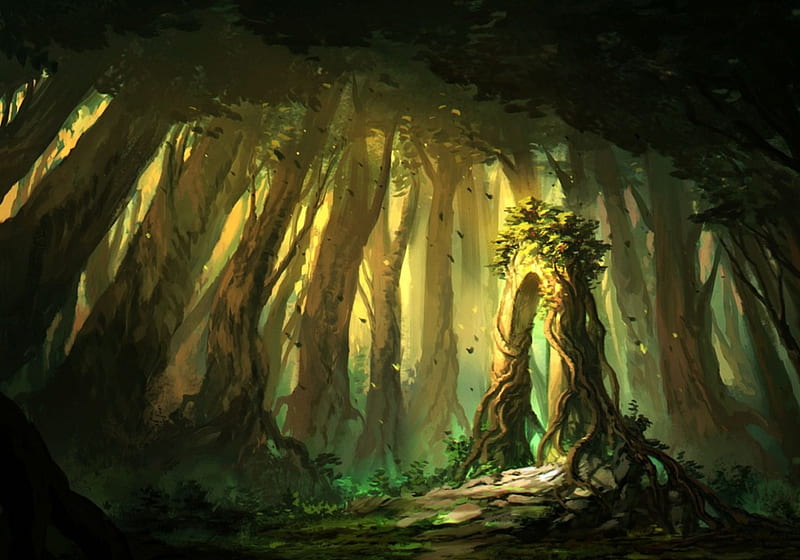 Enchanted forest, forest, art, blinck, luminos, woods, yellow, tree, fantasy, green, ruin, enchanted, HD wallpaper