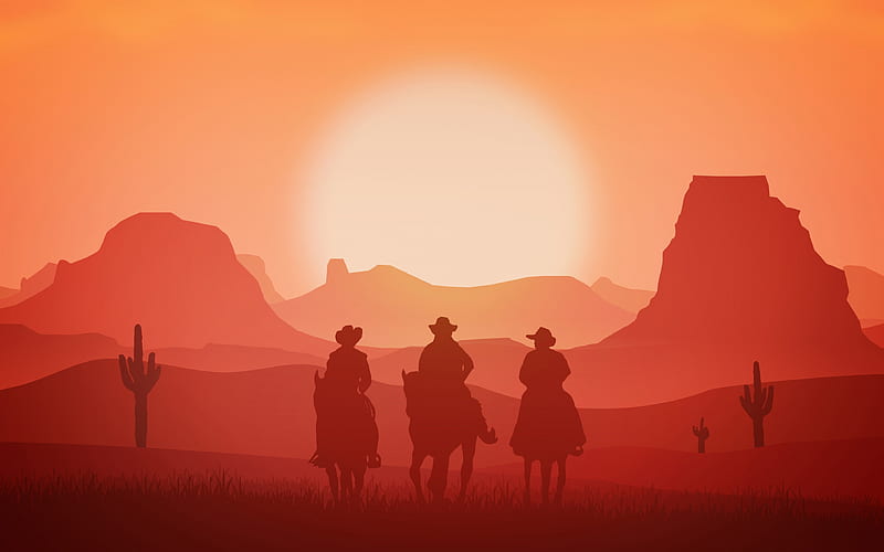 American western cowboy red sunset illustration, HD wallpaper