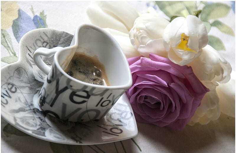 *** Have a good coffee time...***, flowers, nature, tulips, roses, white, HD wallpaper