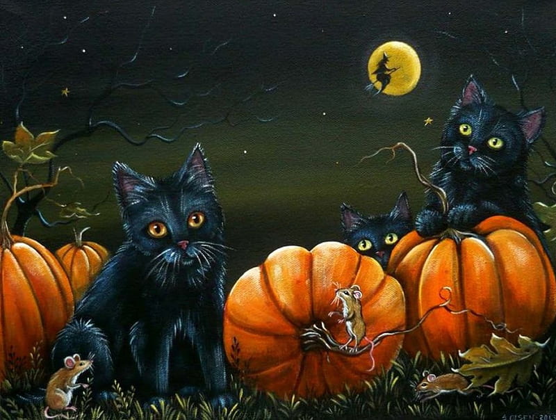 S.Olsen, art, halloween, pumpkin, cat, night, HD wallpaper | Peakpx
