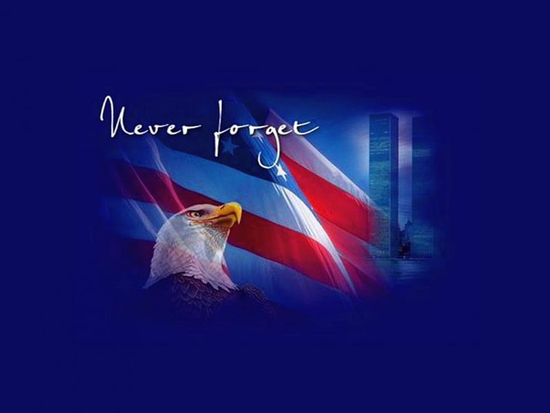 NEVER FORGET, disaster, 9 11, eagle, victims, America, attack, flag, HD wallpaper