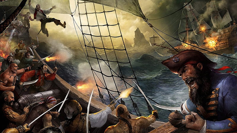 On board!, Battle, Pirates, Cannons, Guns, HD wallpaper