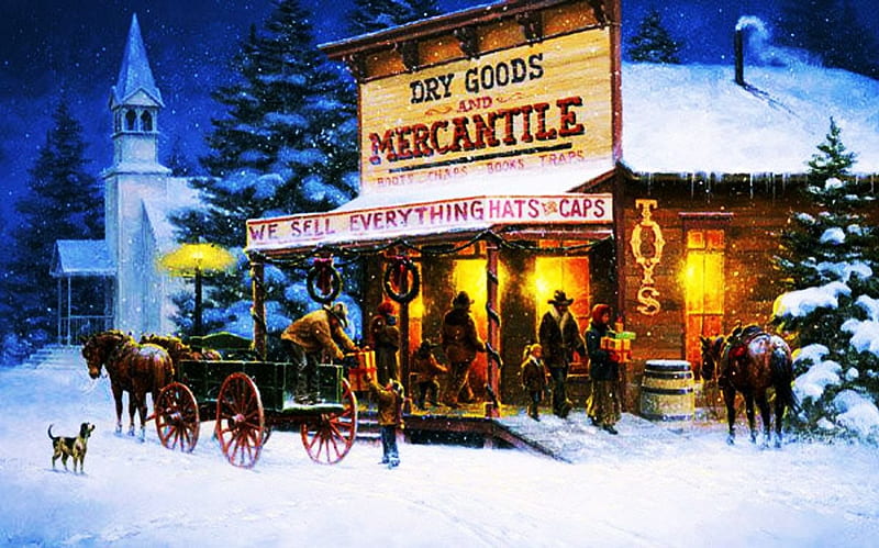 Mercantile, christmas, snow, people, store, artwork, winter, HD wallpaper