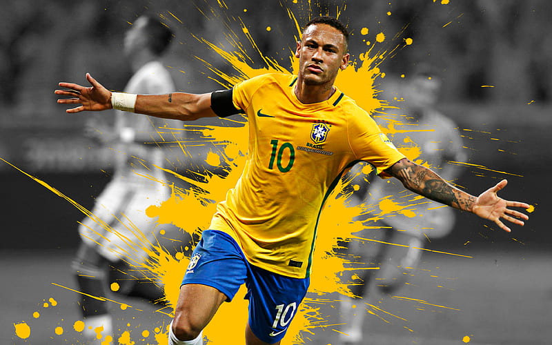 Neymar Jr Brazil national football team, art, splashes of paint, grunge art, Brazilian footballer, forward, creative art, Brazil, football, HD wallpaper