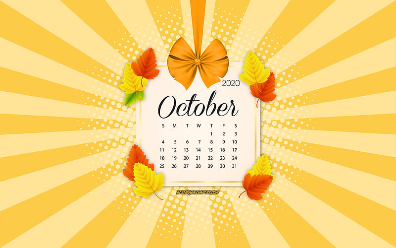 2020 October Calendar, orange background, autumn 2020 calendars, October, 2020 calendars, autumn leaves, retro style, October 2020 Calendar, calendar with leaves, HD wallpaper