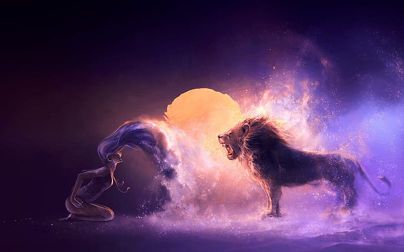 Zodiac ~ Leo, purple, leu, dancer, zodiac, fantasy, art, girl, lion, orange, HD wallpaper