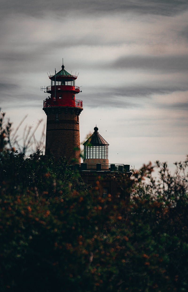 lighthouse, architecture, bushes, sky, HD phone wallpaper