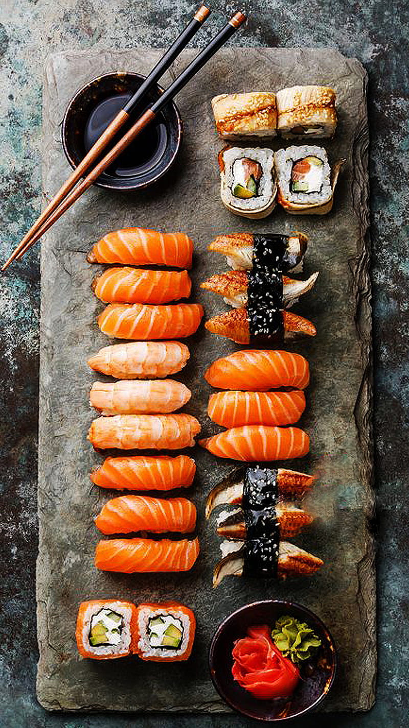 Sushi style, black, food, orange, red, stone, HD phone wallpaper