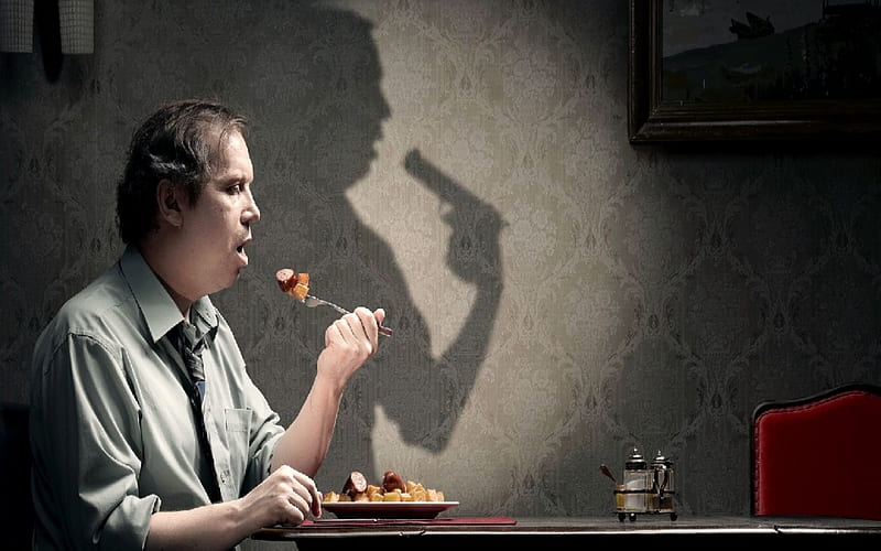 beware at what you eat, funny, gun, food, eat, HD wallpaper