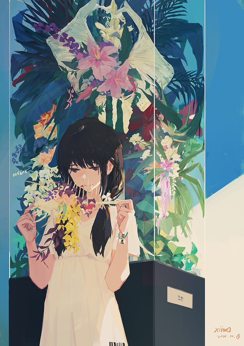 XilmO, anime girls, flowers, anime, dress, dark hair, standing, plants, HD phone wallpaper