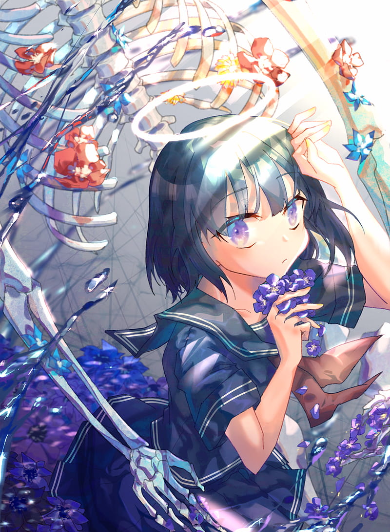 anime, anime girls, original characters, school uniform, flowers, water, HD phone wallpaper