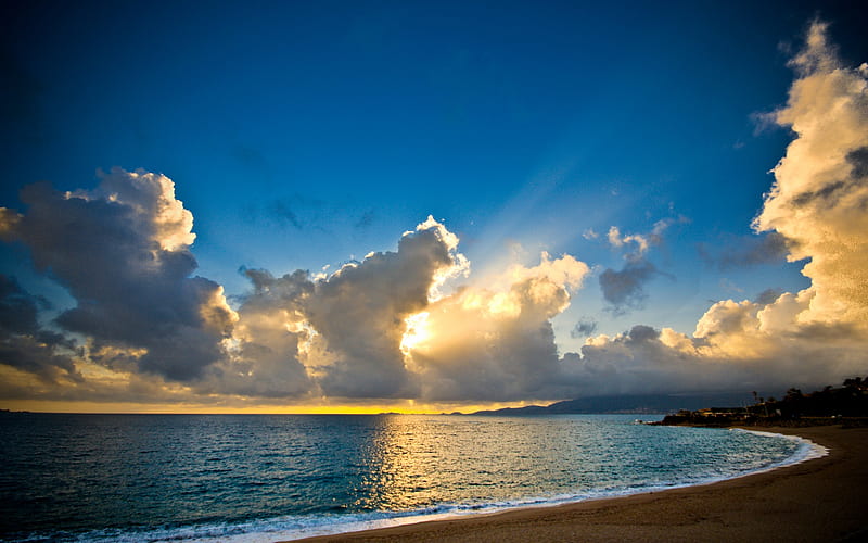 Corsican Sunset, beach, rays, serene, ocean, sunset, reflection, clouds, HD wallpaper