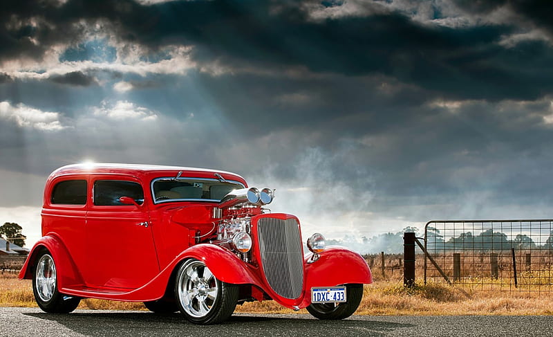 Classic Ford Hotrod, Classic, Chrome Engine, Red, Ford, HD wallpaper