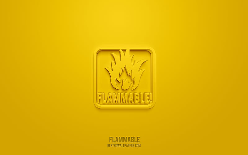 Flammable 3d icon, yellow background, 3d symbols, Flammable, Warning icons, 3d icons, Flammable sign, Warning 3d icons, yellow warning signs, HD wallpaper