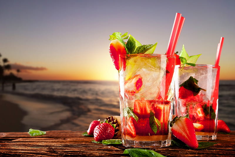 Tropical Cocktails, beach, cocktail, strawberry, drink, sunset, tropical, HD wallpaper