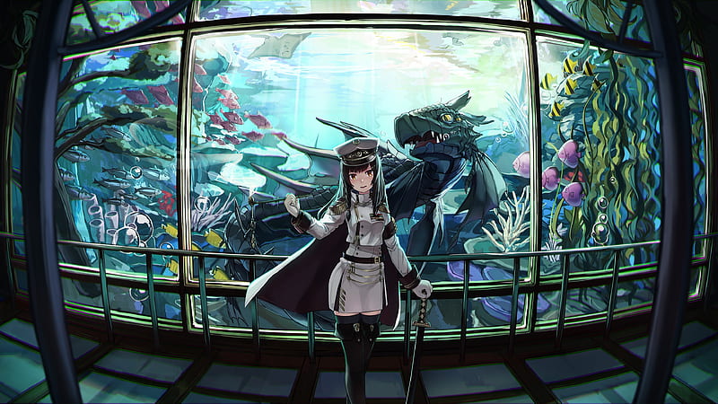 anime girl, military uniform, dragon, water, cape, sword, Anime, HD wallpaper