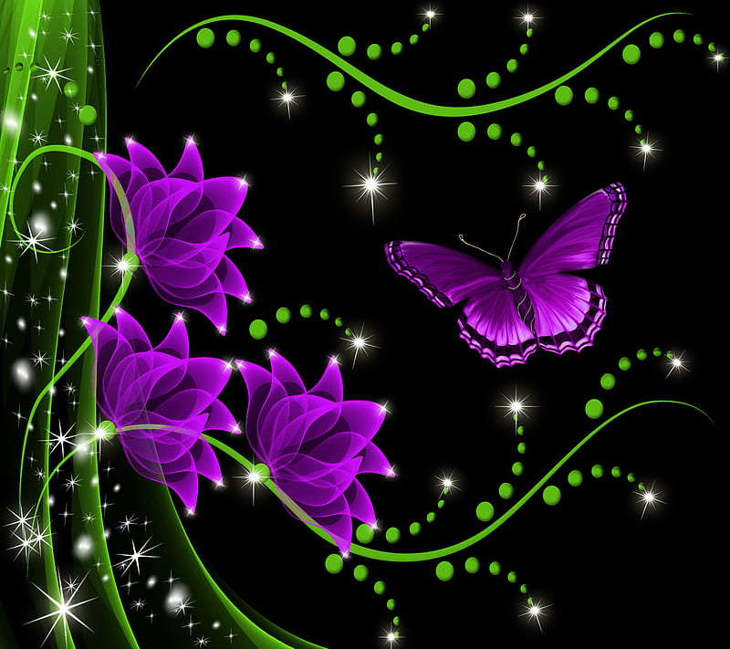 Floral By Marika, butterfly, flowers, neon, purple, sparkle, HD wallpaper