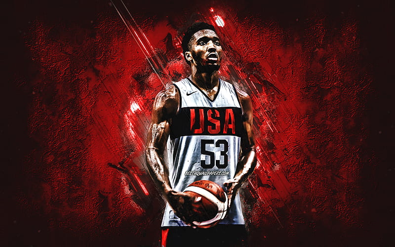 Donovan Mitchell, USA national basketball team, USA, American basketball player, portrait, United States Basketball team, red stone background, HD wallpaper
